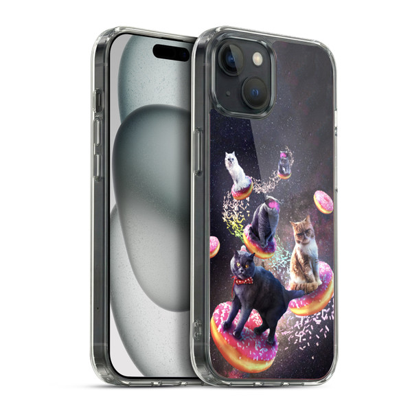 Random Galaxy Animals Space Cats Riding Donuts Soft Gel Case for Apple iPhone 15 Plus & MagSafe