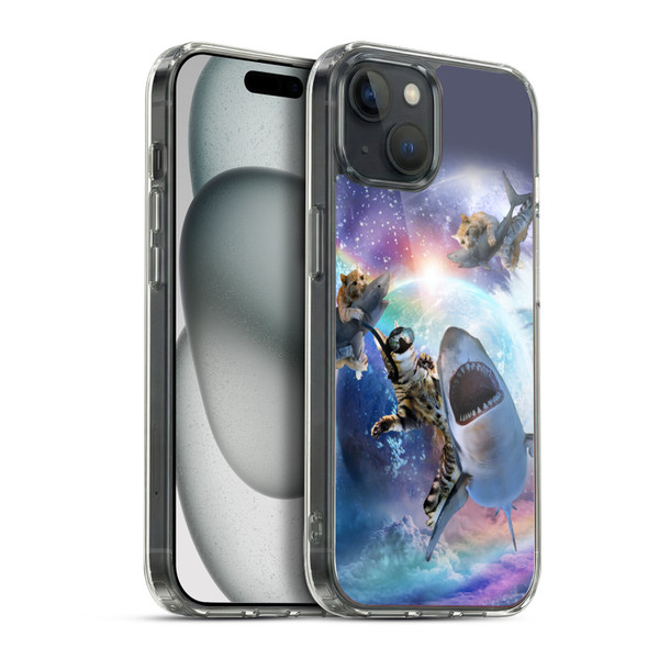 Random Galaxy Animals Space Cat Riding Shark Soft Gel Case for Apple iPhone 15 Plus & MagSafe