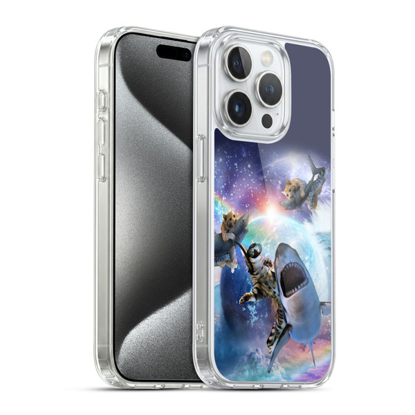 Random Galaxy Animals Space Cat Riding Shark Soft Gel Case for Apple iPhone 15 Pro & MagSafe