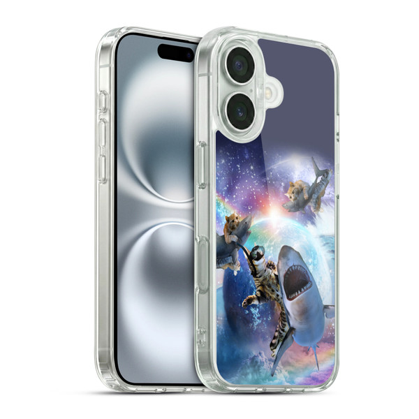 Random Galaxy Animals Space Cat Riding Shark Soft Gel Case for Apple iPhone 16 & MagSafe