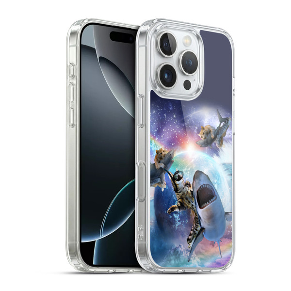 Random Galaxy Animals Space Cat Riding Shark Soft Gel Case for Apple iPhone 16 Pro & MagSafe
