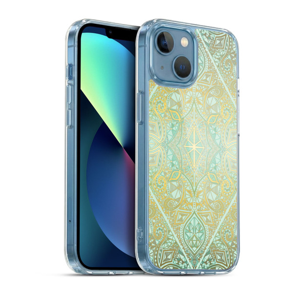 Micklyn Le Feuvre Floral Patterns Mint And Gold Soft Gel Case for Apple iPhone 13 Mini & MagSafe