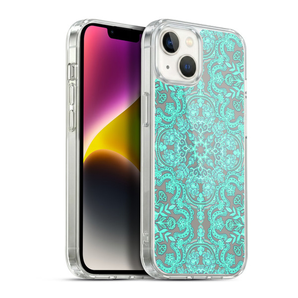 Micklyn Le Feuvre Floral Patterns Mint Green And Grey Soft Gel Case for Apple iPhone 14 Plus & MagSafe