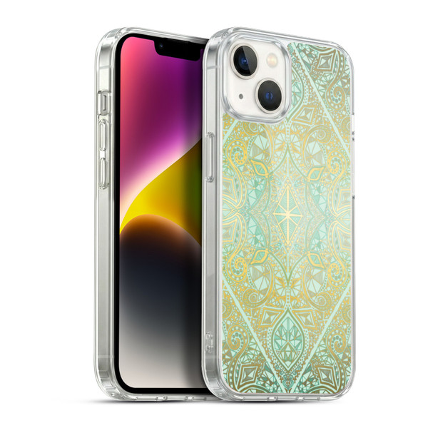 Micklyn Le Feuvre Floral Patterns Mint And Gold Soft Gel Case for Apple iPhone 14 Plus & MagSafe