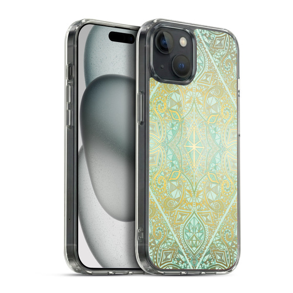 Micklyn Le Feuvre Floral Patterns Mint And Gold Soft Gel Case for Apple iPhone 15 Plus & MagSafe