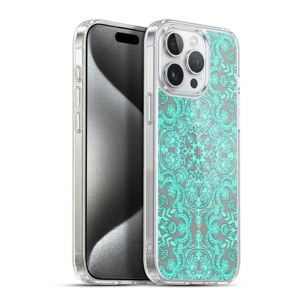 Micklyn Le Feuvre Floral Patterns Mint Green And Grey Soft Gel Case for Apple iPhone 15 Pro Max & MagSafe