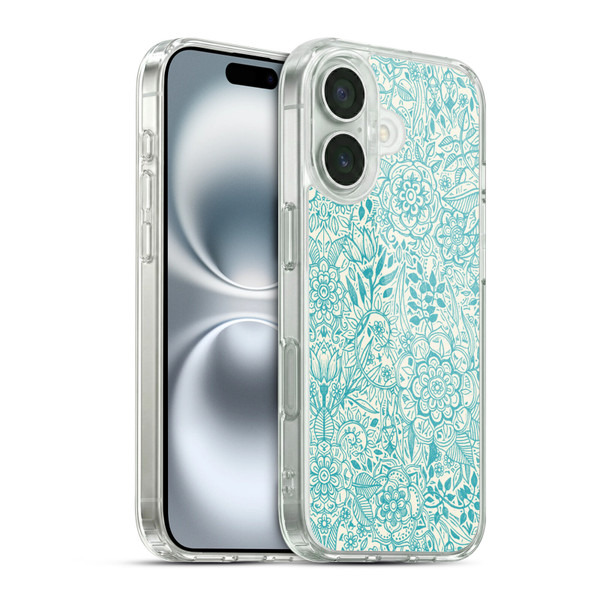 Micklyn Le Feuvre Floral Patterns Teal And Cream Soft Gel Case for Apple iPhone 16 & MagSafe
