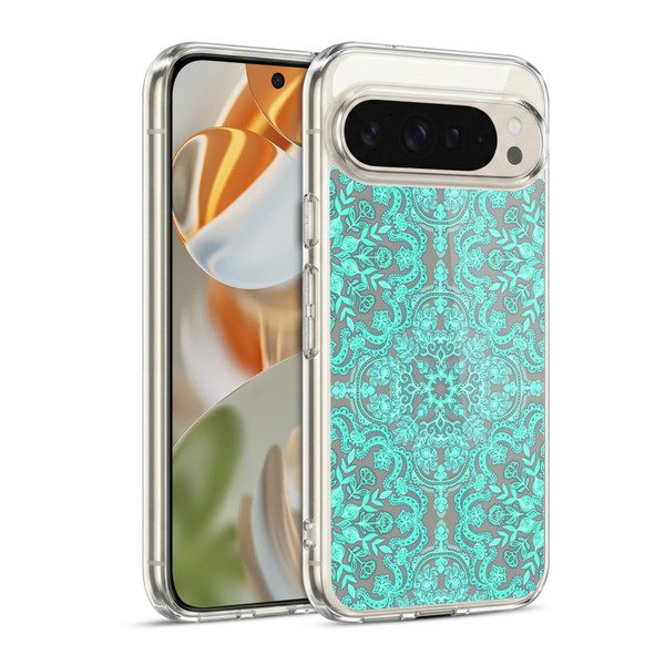 Micklyn Le Feuvre Floral Patterns Mint Green And Grey Soft Gel Case for Google Pixel 9 / Pixel 9 Pro