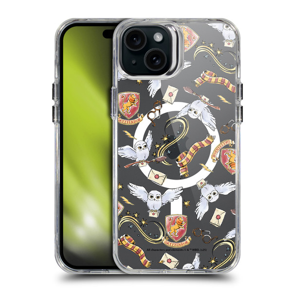 Harry Potter Magical Icons Hedwig Gryffindor Pattern SHOCKPROOF BUMPER CASE COMPATIBLE WITH Apple iPhone 15 Plus & MAGSAFE