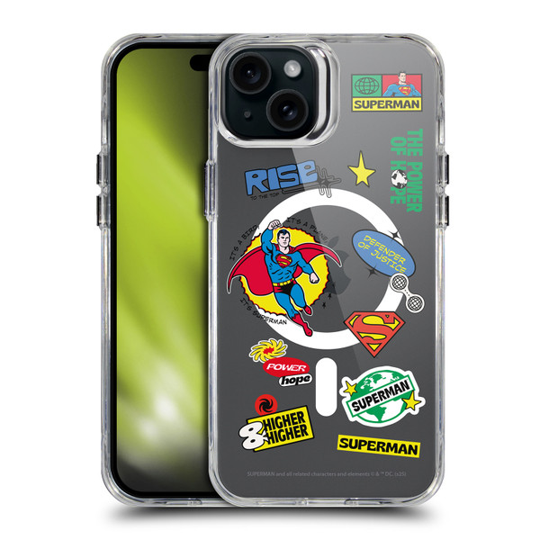 Superman DC Comics Logos and Comics Icons SHOCKPROOF BUMPER CASE COMPATIBLE WITH Apple iPhone 15 Plus & MAGSAFE