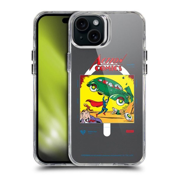 Superman DC Comics Logos and Comics Vintage SHOCKPROOF BUMPER CASE COMPATIBLE WITH Apple iPhone 15 Plus & MAGSAFE