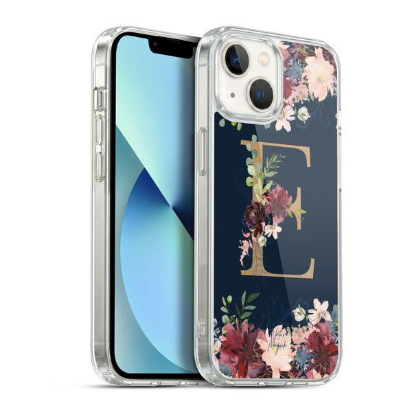 Nature Magick Floral Monogram Gold Navy Letter E Soft Gel Case for Apple iPhone 13