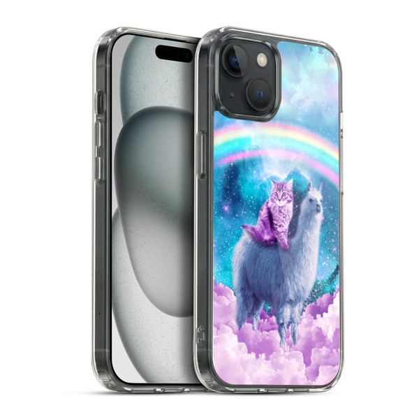 Random Galaxy Space Llama Cloudy Cat In Rainbow Soft Gel Case for Apple iPhone 15 Plus & MagSafe