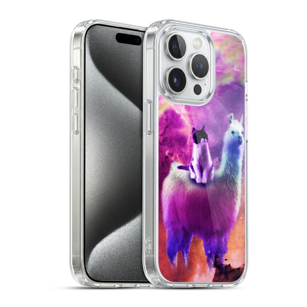 Random Galaxy Space Llama Purple Galaxy Cat Soft Gel Case for Apple iPhone 15 Pro & MagSafe