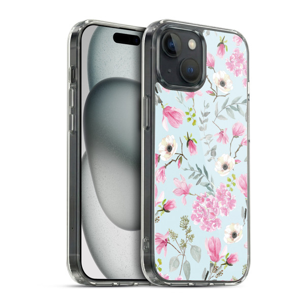 Anis Illustration Graphics Romantic Pattern Light Blue Soft Gel Case for Apple iPhone 15 & MagSafe