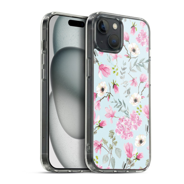 Anis Illustration Graphics Romantic Pattern Light Blue Soft Gel Case for Apple iPhone 15 Plus & MagSafe