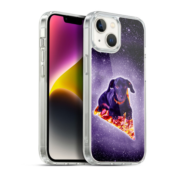 Random Galaxy Space Pizza Ride Purple Galaxy Black Dog Soft Gel Case for Apple iPhone 14