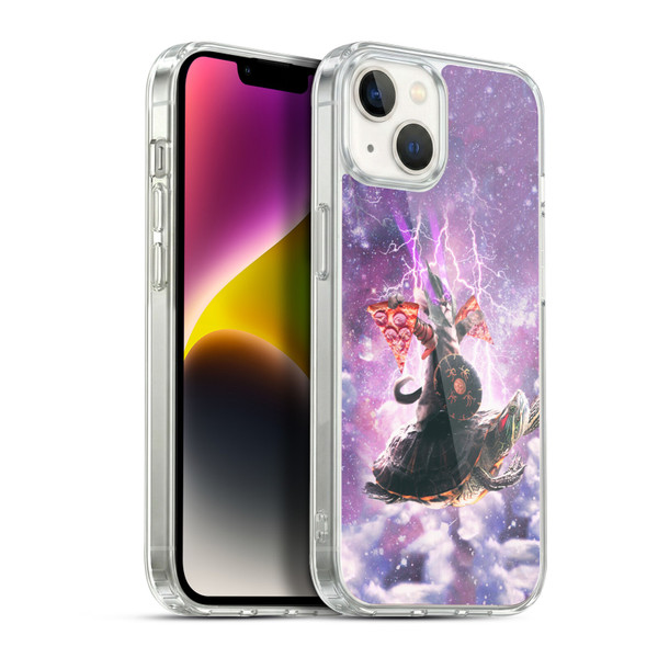 Random Galaxy Space Pizza Ride Lazer Cat Riding Turtle Soft Gel Case for Apple iPhone 14 Plus & MagSafe