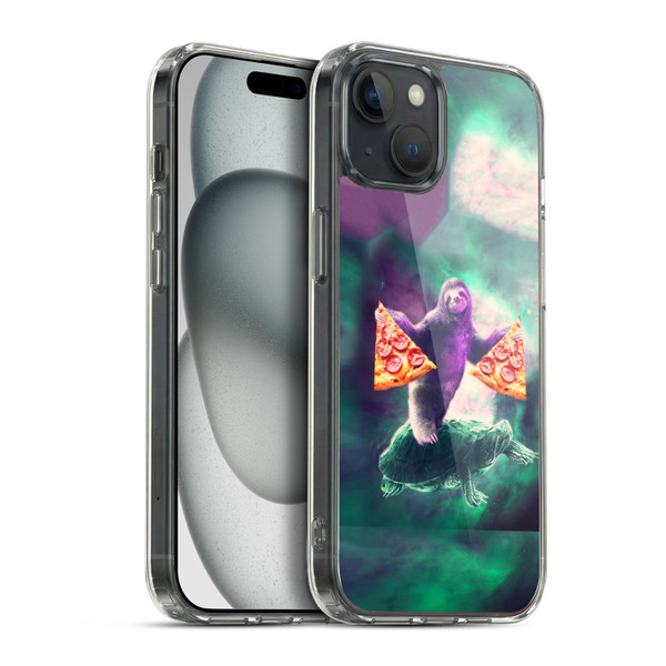 Random Galaxy Space Pizza Ride Sloth Riding Turtle Soft Gel Case for Apple iPhone 15 Plus & MagSafe