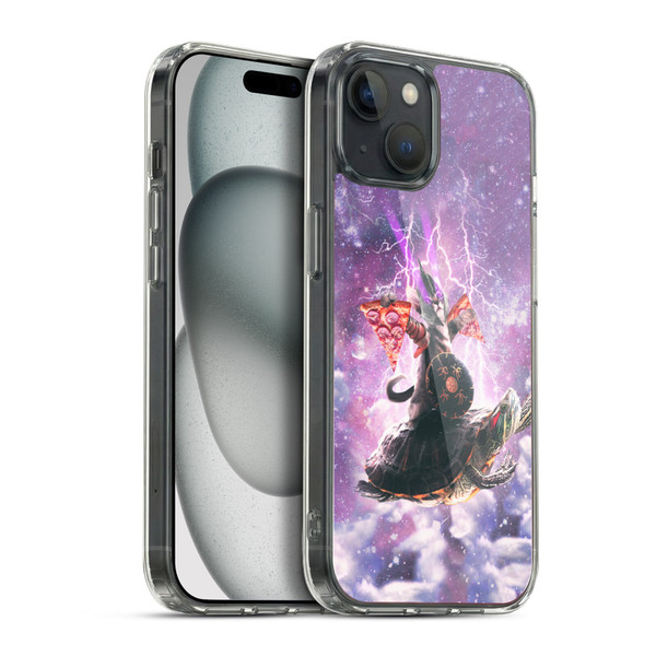 Random Galaxy Space Pizza Ride Lazer Cat Riding Turtle Soft Gel Case for Apple iPhone 15 Plus & MagSafe