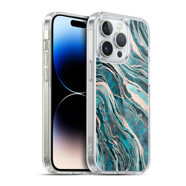 LebensArt Gemstone Marble Teal And Rosegold Soft Gel Case for Apple iPhone 14 Pro & MagSafe