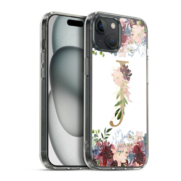 Nature Magick Flowers Monogram Floral Gold Letter J Soft Gel Case for Apple iPhone 15 Plus & MagSafe