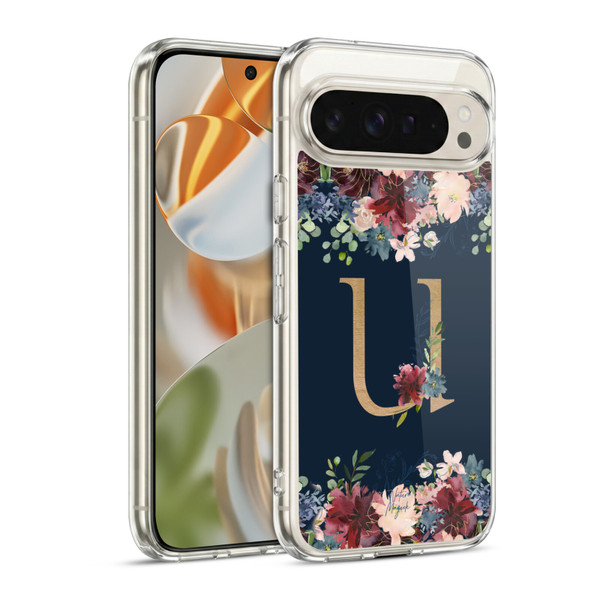 Nature Magick Floral Monogram Gold Navy 2 Letter U Soft Gel Case for Google Pixel 9 / Pixel 9 Pro