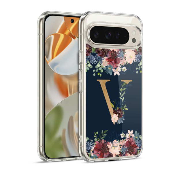 Nature Magick Floral Monogram Gold Navy 2 Letter V Soft Gel Case for Google Pixel 9 / Pixel 9 Pro
