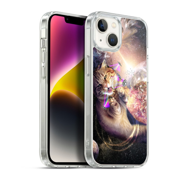 Random Galaxy Space Cat Reaching Big Pizza Soft Gel Case for Apple iPhone 14 Plus & MagSafe