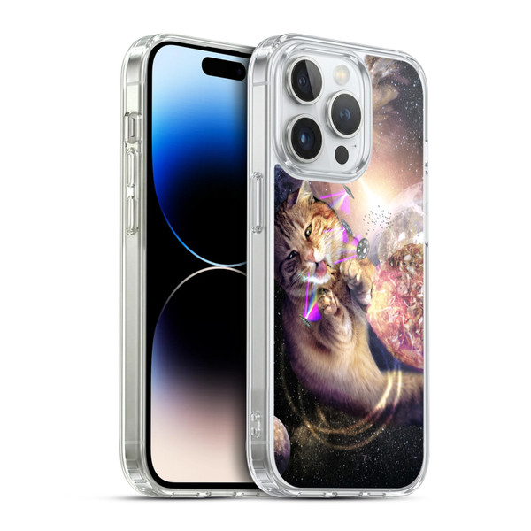 Random Galaxy Space Cat Reaching Big Pizza Soft Gel Case for Apple iPhone 14 Pro & MagSafe