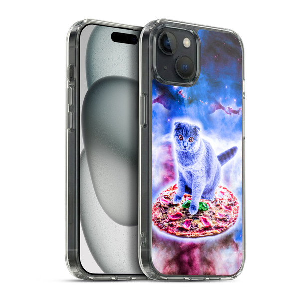Random Galaxy Space Cat Blue Galaxy & Pizza Soft Gel Case for Apple iPhone 15 Plus & MagSafe