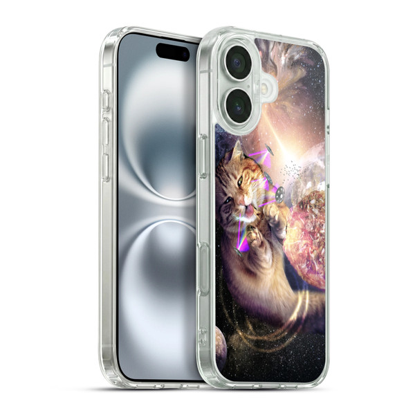 Random Galaxy Space Cat Reaching Big Pizza Soft Gel Case for Apple iPhone 16 Plus & MagSafe