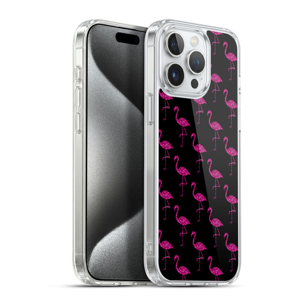 PLdesign Sparkly Flamingo Pink Pattern On Black Soft Gel Case for Apple iPhone 15 Pro Max & MagSafe