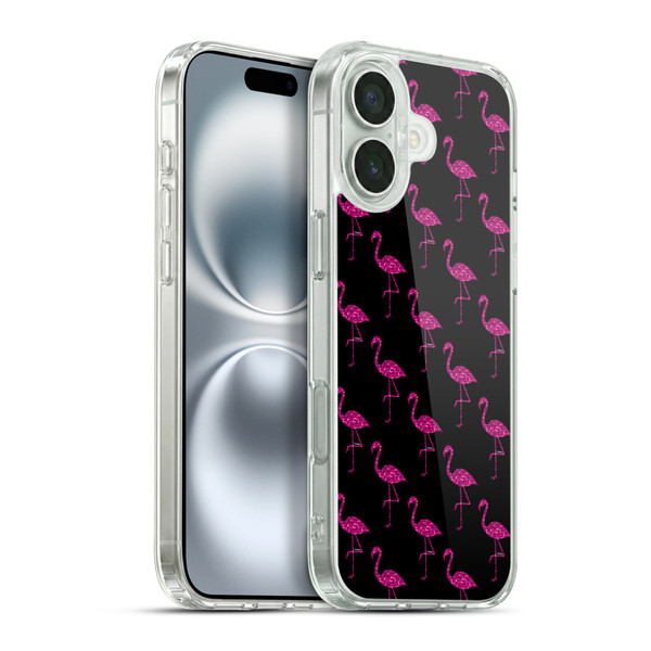 PLdesign Sparkly Flamingo Pink Pattern On Black Soft Gel Case for Apple iPhone 16 Plus & MagSafe