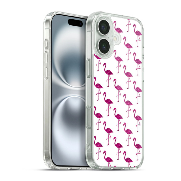 PLdesign Sparkly Flamingo Pink Pattern On White Soft Gel Case for Apple iPhone 16 Plus & MagSafe
