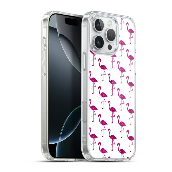 PLdesign Sparkly Flamingo Pink Pattern On White Soft Gel Case for Apple iPhone 16 Pro Max & MagSafe