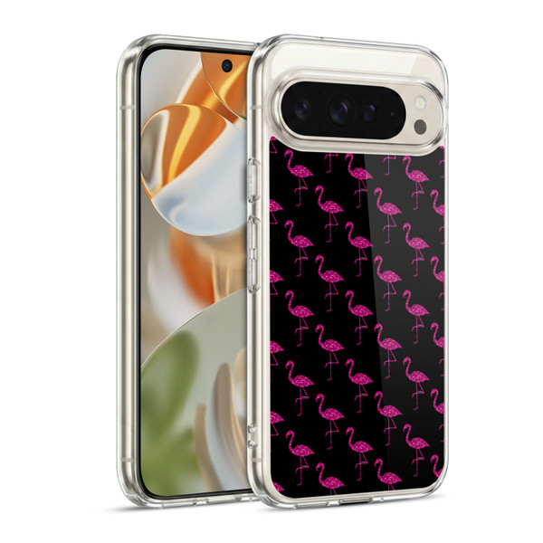 PLdesign Sparkly Flamingo Pink Pattern On Black Soft Gel Case for Google Pixel 9 / Pixel 9 Pro