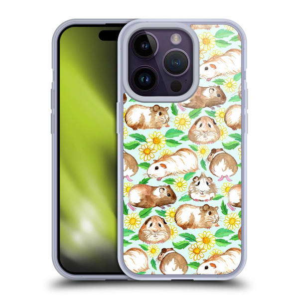 Micklyn Le Feuvre Patterns 2 Guinea Pigs And Daisies In Watercolour On Mint Soft Gel Case for Apple iPhone 14 Pro
