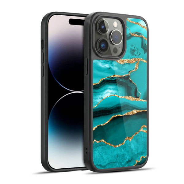 UtArt Malachite Emerald Aquamarine Gold Waves Gel Armour Case For Apple iPhone 14 Pro Max