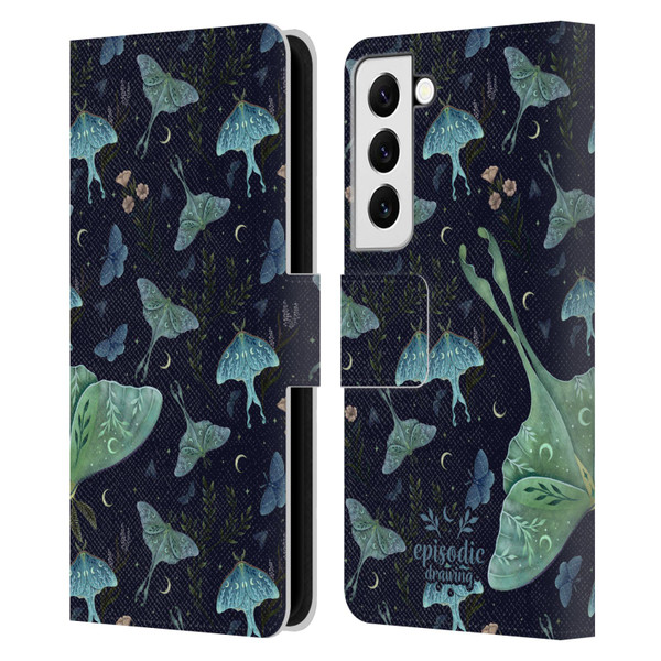 Episodic Drawing Moth Patterns Green Leather Book Wallet Case Cover For Samsung Galaxy S22 5G