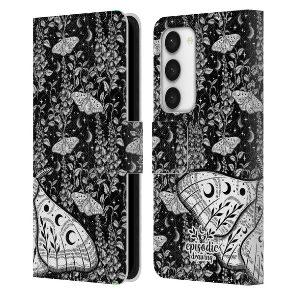 Episodic Drawing Moth Patterns White Leather Book Wallet Case Cover For Samsung Galaxy S23 5G