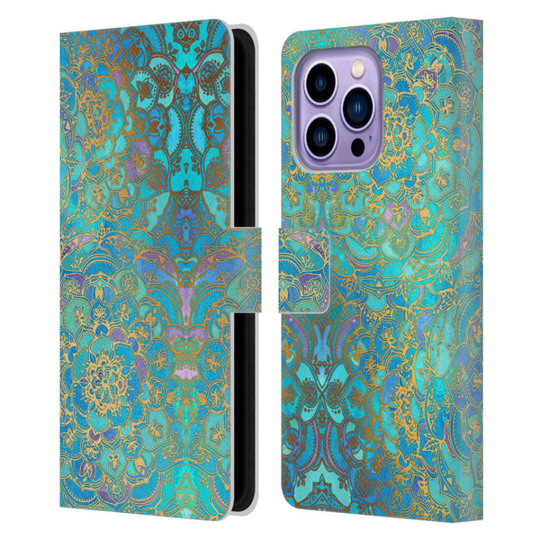 Micklyn Le Feuvre Mandala Sapphire and Jade Leather Book Wallet Case Cover For Apple iPhone 14 Pro Max