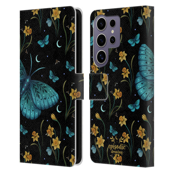 Episodic Drawing Moth Patterns Daffodil Flowers Leather Book Wallet Case Cover For Samsung Galaxy S25 Ultra