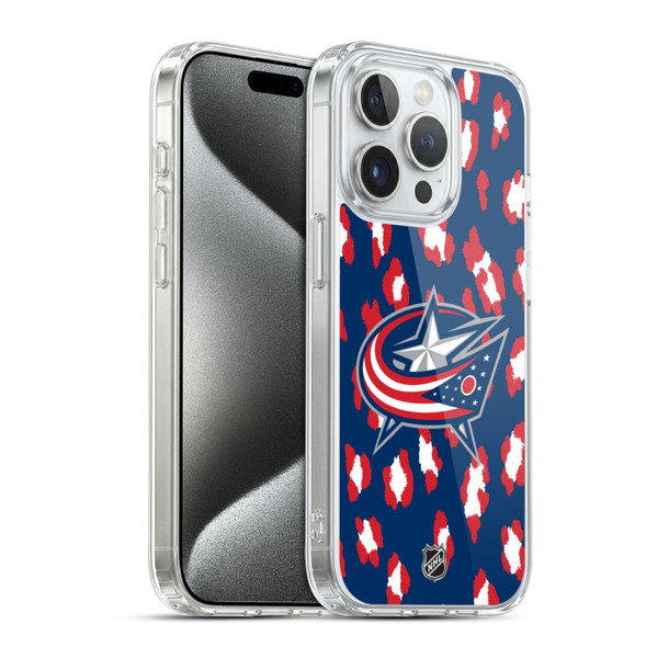 NHL Columbus Blue Jackets Leopard Pattern Soft Gel Case for Apple iPhone 15 Pro & MagSafe