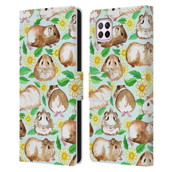 Micklyn Le Feuvre Patterns 2 Guinea Pigs And Daisies In Watercolour On Mint Leather Book Wallet Case Cover For Huawei Nova 6 SE / P40 Lite