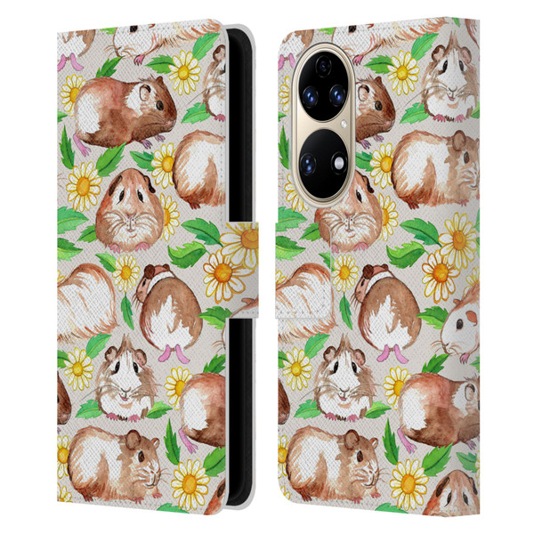 Micklyn Le Feuvre Patterns 2 Guinea Pigs And Daisies In Watercolour On Tan Leather Book Wallet Case Cover For Huawei P50