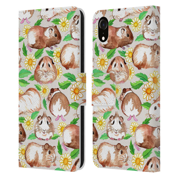 Micklyn Le Feuvre Patterns 2 Guinea Pigs And Daisies In Watercolour On Tan Leather Book Wallet Case Cover For Apple iPhone XR