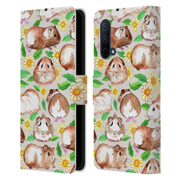 Micklyn Le Feuvre Patterns 2 Guinea Pigs And Daisies In Watercolour On Tan Leather Book Wallet Case Cover For OnePlus Nord CE 5G