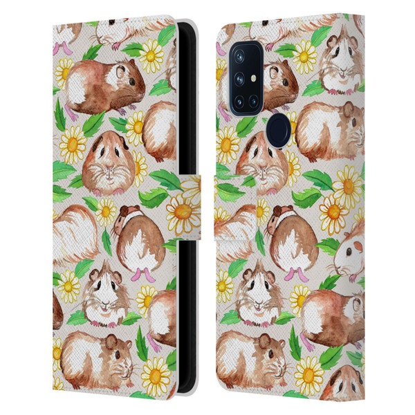 Micklyn Le Feuvre Patterns 2 Guinea Pigs And Daisies In Watercolour On Tan Leather Book Wallet Case Cover For OnePlus Nord N10 5G