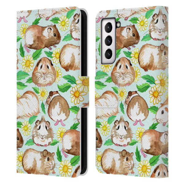 Micklyn Le Feuvre Patterns 2 Guinea Pigs And Daisies In Watercolour On Mint Leather Book Wallet Case Cover For Samsung Galaxy S21 5G